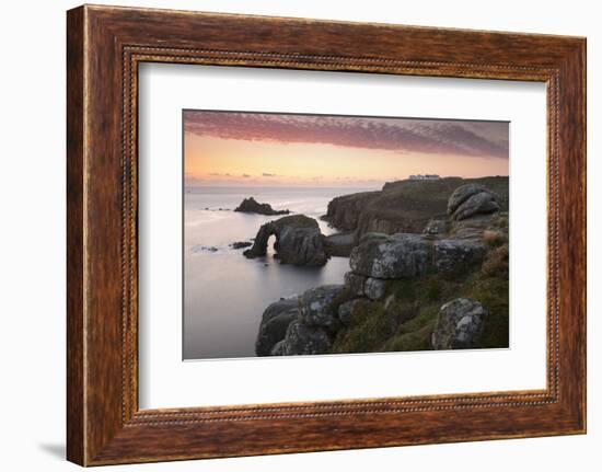 A colourful sunset overlooking the islands of Enys Dodnan and the Armed Knight at Lands End, Cornwa-Stephen Spraggon-Framed Photographic Print