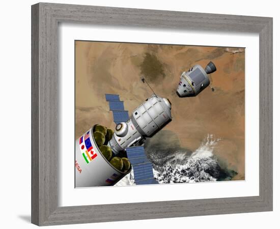 A Command Module Prepares to Dock with a Phobos Mission Rocket in Earth Orbit-Stocktrek Images-Framed Premium Photographic Print