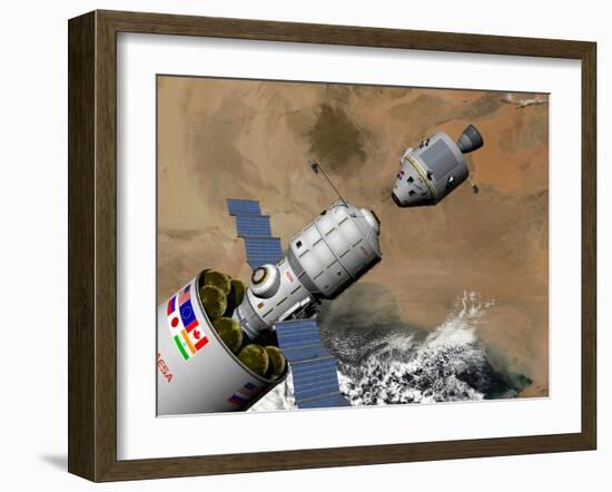 A Command Module Prepares to Dock with a Phobos Mission Rocket in Earth Orbit-Stocktrek Images-Framed Premium Photographic Print