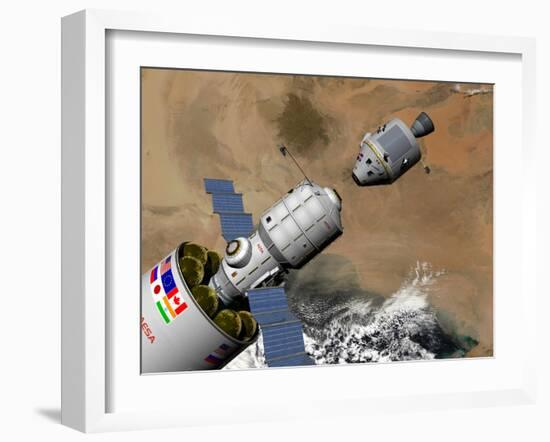 A Command Module Prepares to Dock with a Phobos Mission Rocket in Earth Orbit-Stocktrek Images-Framed Premium Photographic Print