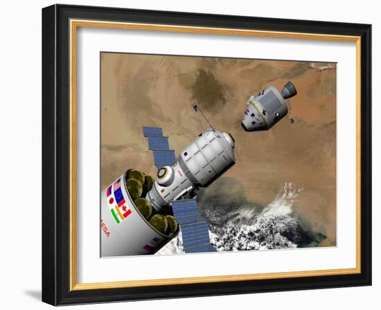 A Command Module Prepares to Dock with a Phobos Mission Rocket in Earth Orbit-Stocktrek Images-Framed Photographic Print