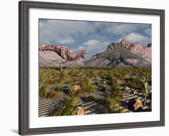 A Confrontation Between a T. Rex and a Spinosaurus Dinosaur-Stocktrek Images-Framed Photographic Print