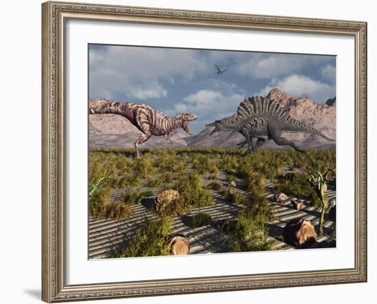 A Confrontation Between a T. Rex and a Spinosaurus Dinosaur-Stocktrek Images-Framed Photographic Print