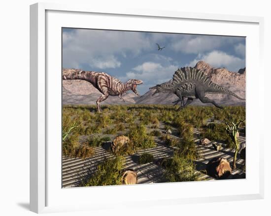 A Confrontation Between a T. Rex and a Spinosaurus Dinosaur-Stocktrek Images-Framed Photographic Print