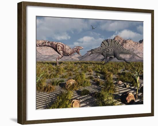 A Confrontation Between a T. Rex and a Spinosaurus Dinosaur-Stocktrek Images-Framed Photographic Print