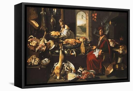 A Cook in a Well-Stocked Kitchen with a Serving Woman-Italian School-Framed Premier Image Canvas