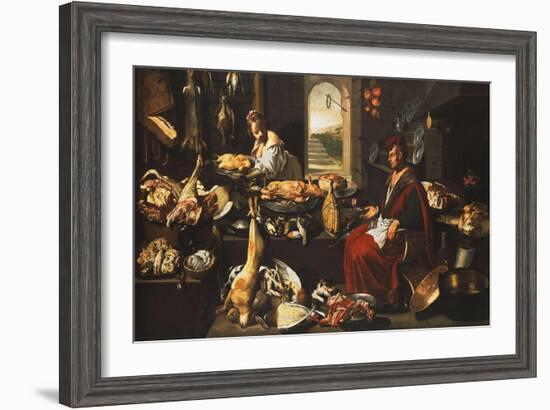 A Cook in a Well-Stocked Kitchen with a Serving Woman-Italian School-Framed Giclee Print