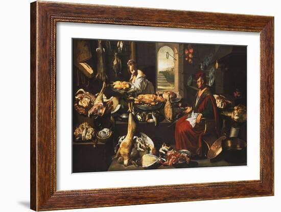 A Cook in a Well-Stocked Kitchen with a Serving Woman-Italian School-Framed Giclee Print