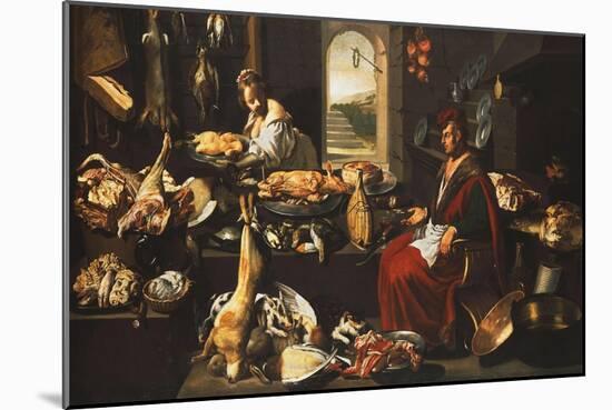 A Cook in a Well-Stocked Kitchen with a Serving Woman-Italian School-Mounted Giclee Print