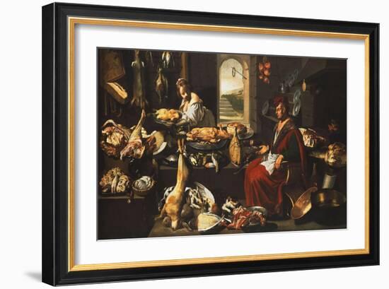 A Cook in a Well-Stocked Kitchen with a Serving Woman-Italian School-Framed Giclee Print