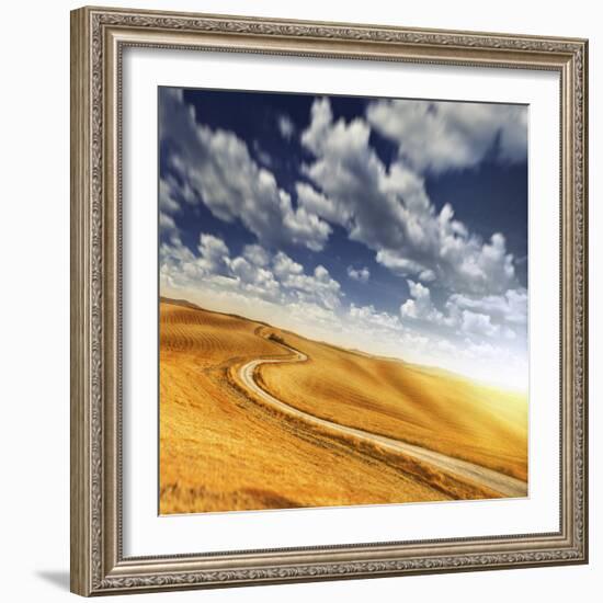 A Country Road in Field Against Moody Sky, Tuscany, Italy-null-Framed Photographic Print