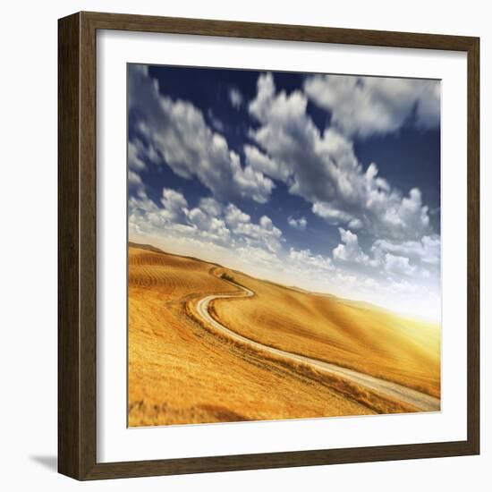 A Country Road in Field Against Moody Sky, Tuscany, Italy-null-Framed Photographic Print