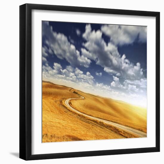 A Country Road in Field Against Moody Sky, Tuscany, Italy-null-Framed Photographic Print