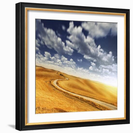 A Country Road in Field Against Moody Sky, Tuscany, Italy-null-Framed Photographic Print