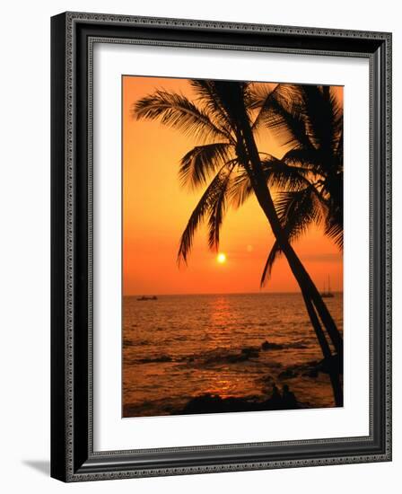 A Couple in Silhouette, Enjoying a Romantic Sunset Beneath the Palm Trees in Kailua-Kona, Hawaii-Ann Cecil-Framed Photographic Print