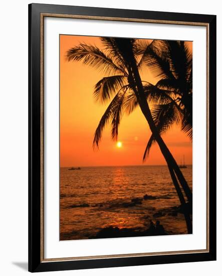 A Couple in Silhouette, Enjoying a Romantic Sunset Beneath the Palm Trees in Kailua-Kona, Hawaii-Ann Cecil-Framed Photographic Print