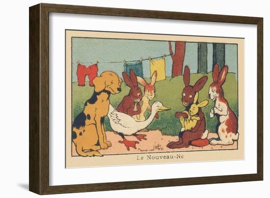 A Couple of Rabbits Introduces their Young Baby to the Other Animals.” the Newborn” ,1936 (Illustra-Benjamin Rabier-Framed Giclee Print