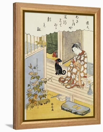 A Courtesan Seated on a Veranda Brushing Her Teeth and Pensively Looking at Flowering Morning Glory-Harunobu-Framed Premier Image Canvas