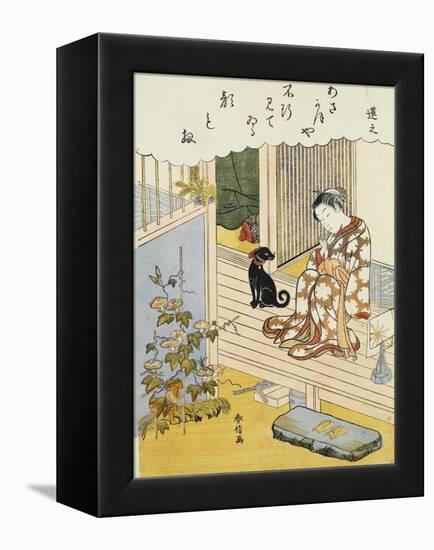 A Courtesan Seated on a Veranda Brushing Her Teeth and Pensively Looking at Flowering Morning Glory-Harunobu-Framed Premier Image Canvas