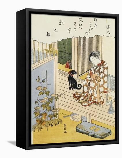 A Courtesan Seated on a Veranda Brushing Her Teeth and Pensively Looking at Flowering Morning Glory-Harunobu-Framed Premier Image Canvas