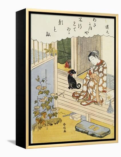 A Courtesan Seated on a Veranda Brushing Her Teeth and Pensively Looking at Flowering Morning Glory-Harunobu-Framed Premier Image Canvas