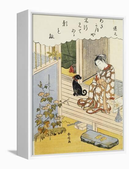 A Courtesan Seated on a Veranda Brushing Her Teeth and Pensively Looking at Flowering Morning Glory-Harunobu-Framed Premier Image Canvas