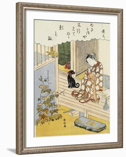 A Courtesan Seated on a Veranda Brushing Her Teeth and Pensively Looking at Flowering Morning Glory-Harunobu-Framed Giclee Print