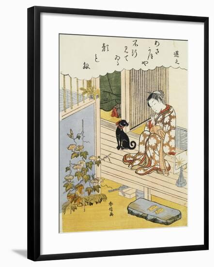 A Courtesan Seated on a Veranda Brushing Her Teeth and Pensively Looking at Flowering Morning Glory-Harunobu-Framed Giclee Print