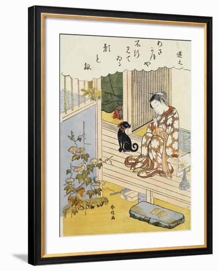 A Courtesan Seated on a Veranda Brushing Her Teeth and Pensively Looking at Flowering Morning Glory-Harunobu-Framed Giclee Print