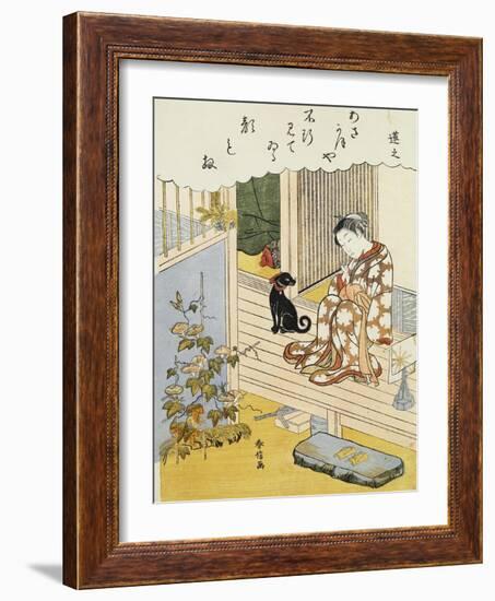 A Courtesan Seated on a Veranda Brushing Her Teeth and Pensively Looking at Flowering Morning Glory-Harunobu-Framed Giclee Print