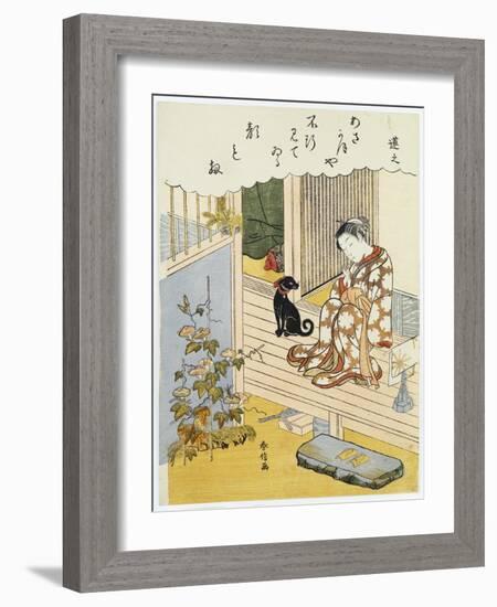 A Courtesan Seated on a Verandah Brushing Her Teeth-Suzuki Harunobu-Framed Giclee Print