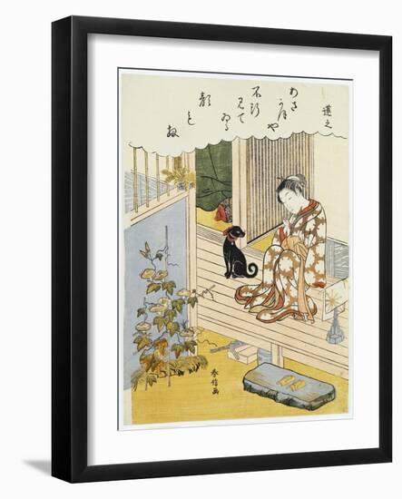 A Courtesan Seated on a Verandah Brushing Her Teeth-Suzuki Harunobu-Framed Giclee Print