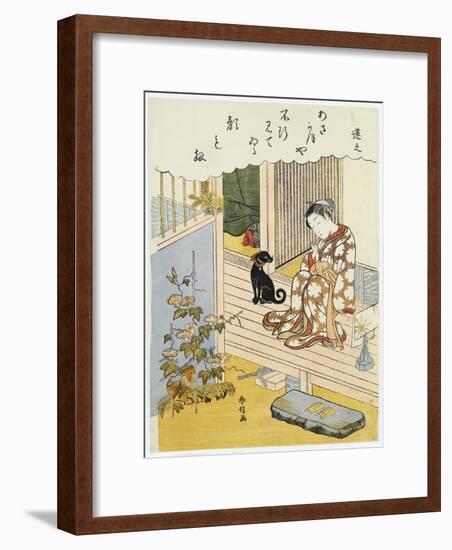 A Courtesan Seated on a Verandah Brushing Her Teeth-Suzuki Harunobu-Framed Giclee Print