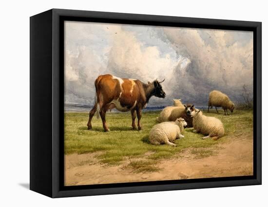 A Cow and Five Sheep, 1887-Thomas Sidney Cooper-Framed Premier Image Canvas