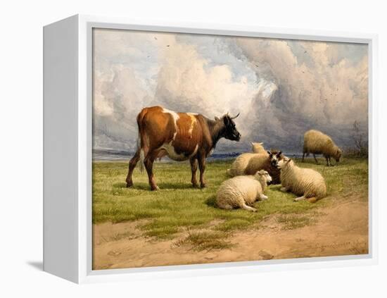 A Cow and Five Sheep, 1887-Thomas Sidney Cooper-Framed Premier Image Canvas