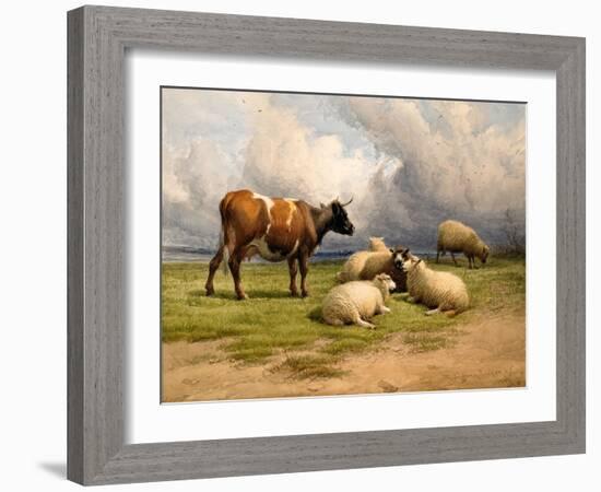 A Cow and Five Sheep, 1887-Thomas Sidney Cooper-Framed Giclee Print