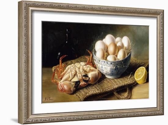 A Crab and a Bowl of Eggs on a Basket, with a Bottle and Half a Lemon-Mary E. Powis-Framed Premium Giclee Print