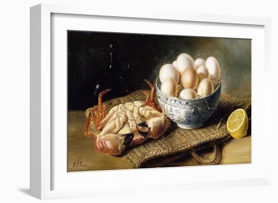 A Crab and a Bowl of Eggs on a Basket, with a Bottle and Half a Lemon-Mary E. Powis-Framed Premium Giclee Print