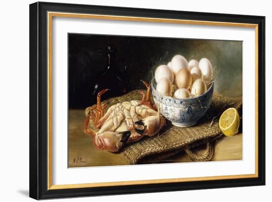 A Crab and a Bowl of Eggs on a Basket, with a Bottle and Half a Lemon-Mary E. Powis-Framed Premium Giclee Print