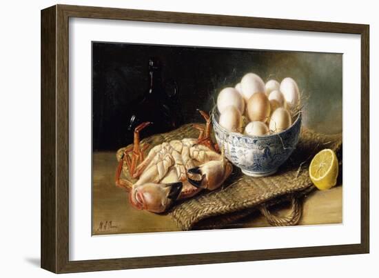A Crab and a Bowl of Eggs on a Basket, with a Bottle and Half a Lemon-Mary E. Powis-Framed Giclee Print