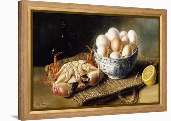 A Crab and a Bowl of Eggs on a Basket, with a Bottle and Half a Lemon-Mary E. Powis-Framed Premier Image Canvas