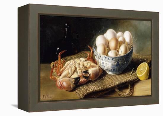 A Crab and a Bowl of Eggs on a Basket, with a Bottle and Half a Lemon-Mary E. Powis-Framed Premier Image Canvas