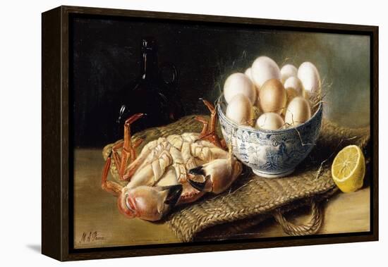 A Crab and a Bowl of Eggs on a Basket, with a Bottle and Half a Lemon-Mary E. Powis-Framed Premier Image Canvas