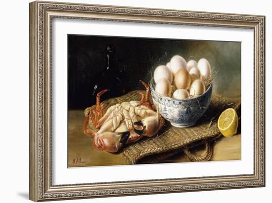 A Crab and a Bowl of Eggs on a Basket, with a Bottle and Half a Lemon-Mary A. Powis-Framed Premium Giclee Print