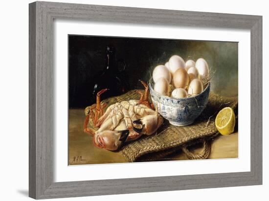 A Crab and a Bowl of Eggs on a Basket, with a Bottle and Half a Lemon-Mary A. Powis-Framed Giclee Print