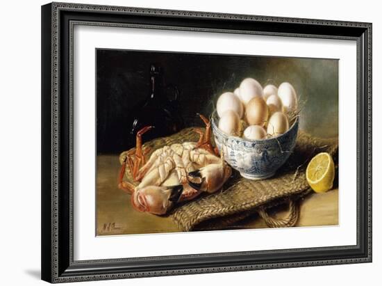 A Crab and a Bowl of Eggs on a Basket, with a Bottle and Half a Lemon-Mary A. Powis-Framed Giclee Print