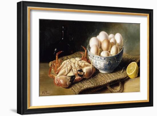 A Crab and a Bowl of Eggs on a Basket, with a Bottle and Half a Lemon-Mary A. Powis-Framed Giclee Print