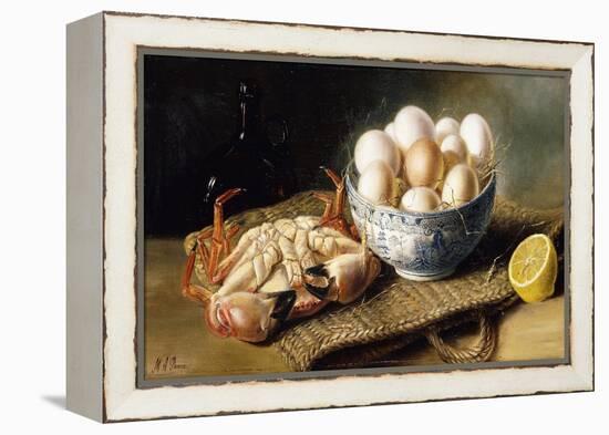 A Crab and a Bowl of Eggs on a Basket, with a Bottle and Half a Lemon-Mary A. Powis-Framed Premier Image Canvas