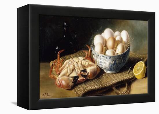 A Crab and a Bowl of Eggs on a Basket, with a Bottle and Half a Lemon-Mary A. Powis-Framed Premier Image Canvas