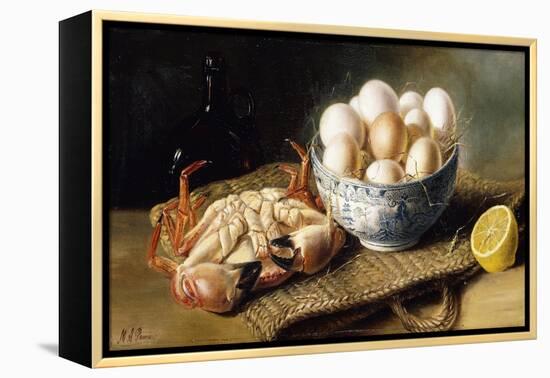 A Crab and a Bowl of Eggs on a Basket, with a Bottle and Half a Lemon-Mary A. Powis-Framed Premier Image Canvas